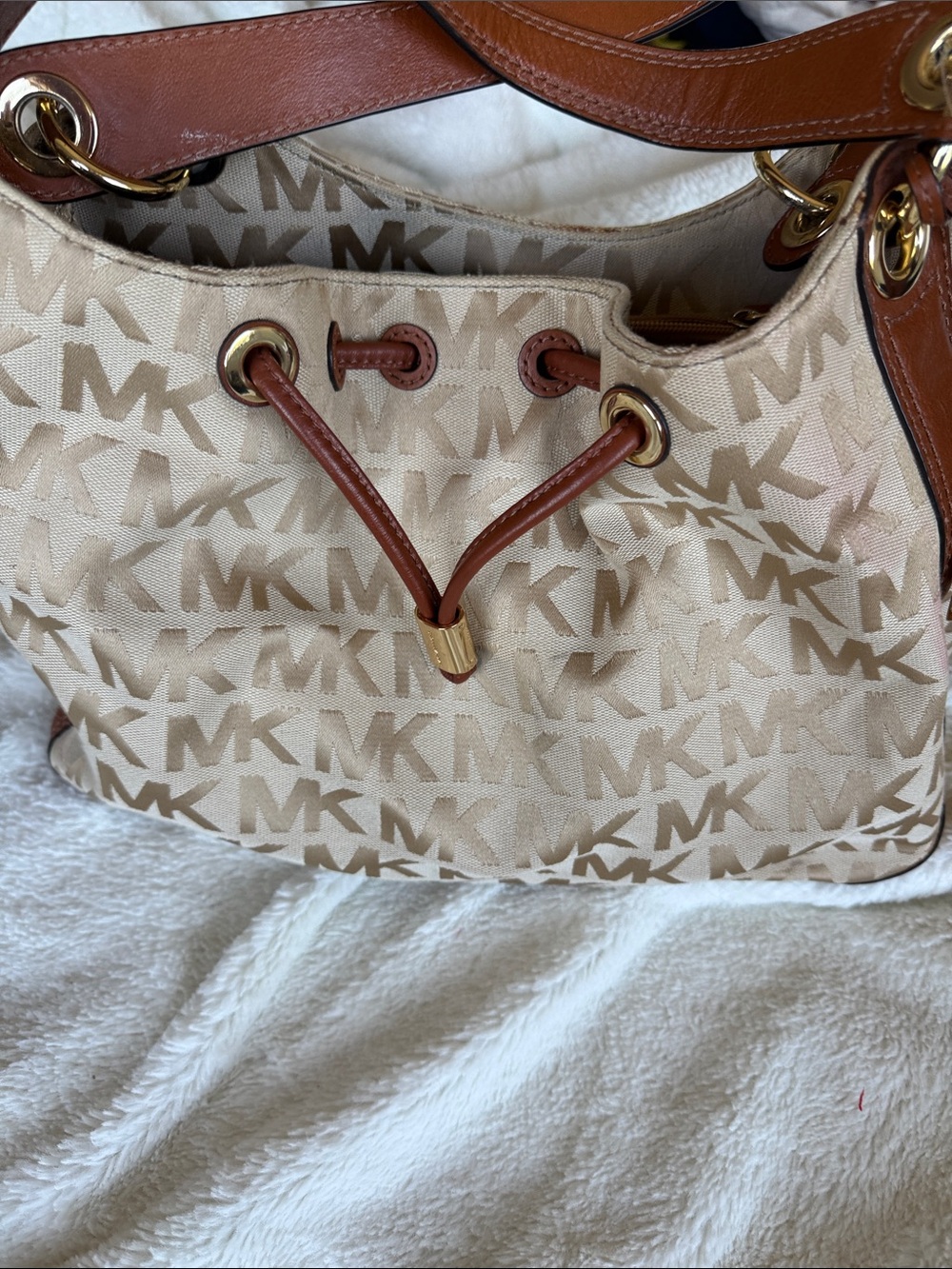 Michael Kors Beige and Brown Logo Drawstring Shoulder Bag